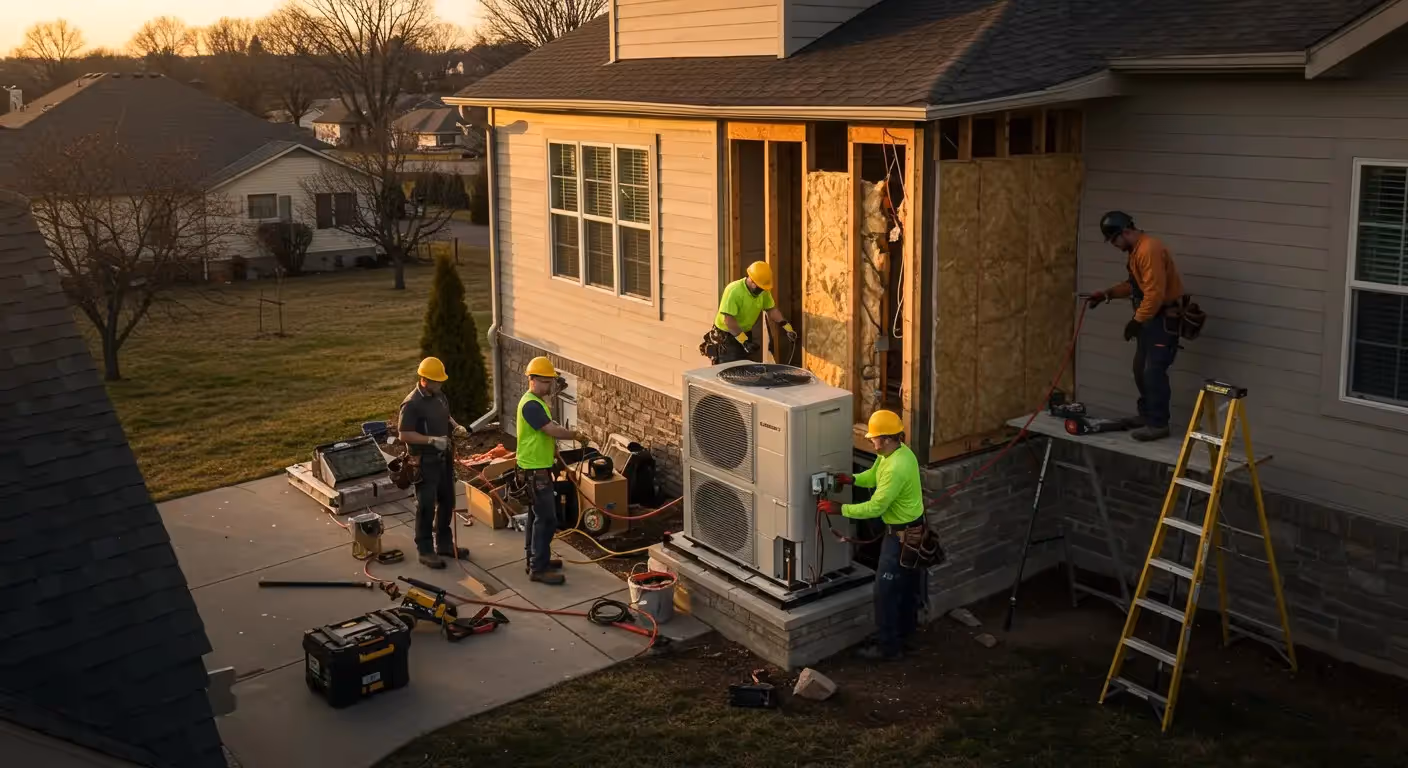 Five workers installing an HVAC unit.