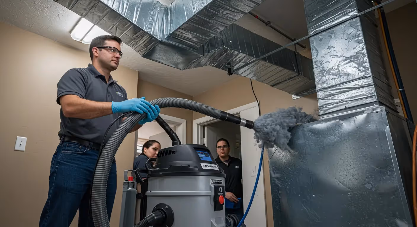 A person wearing gloves and safety glasses is using a large vacuum to clean an air duct while two other people watch.