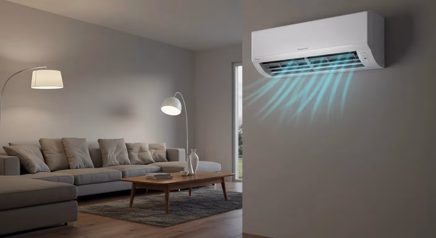 A ductless mini-split air conditioner unit is mounted on a wall in a modern living room.
