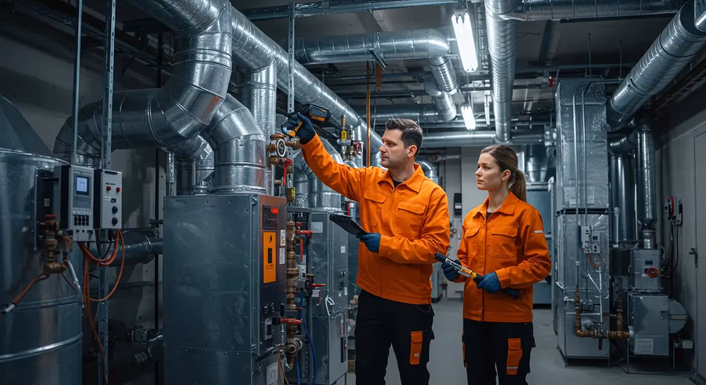 Two technicians inspecting industrial heating unit.