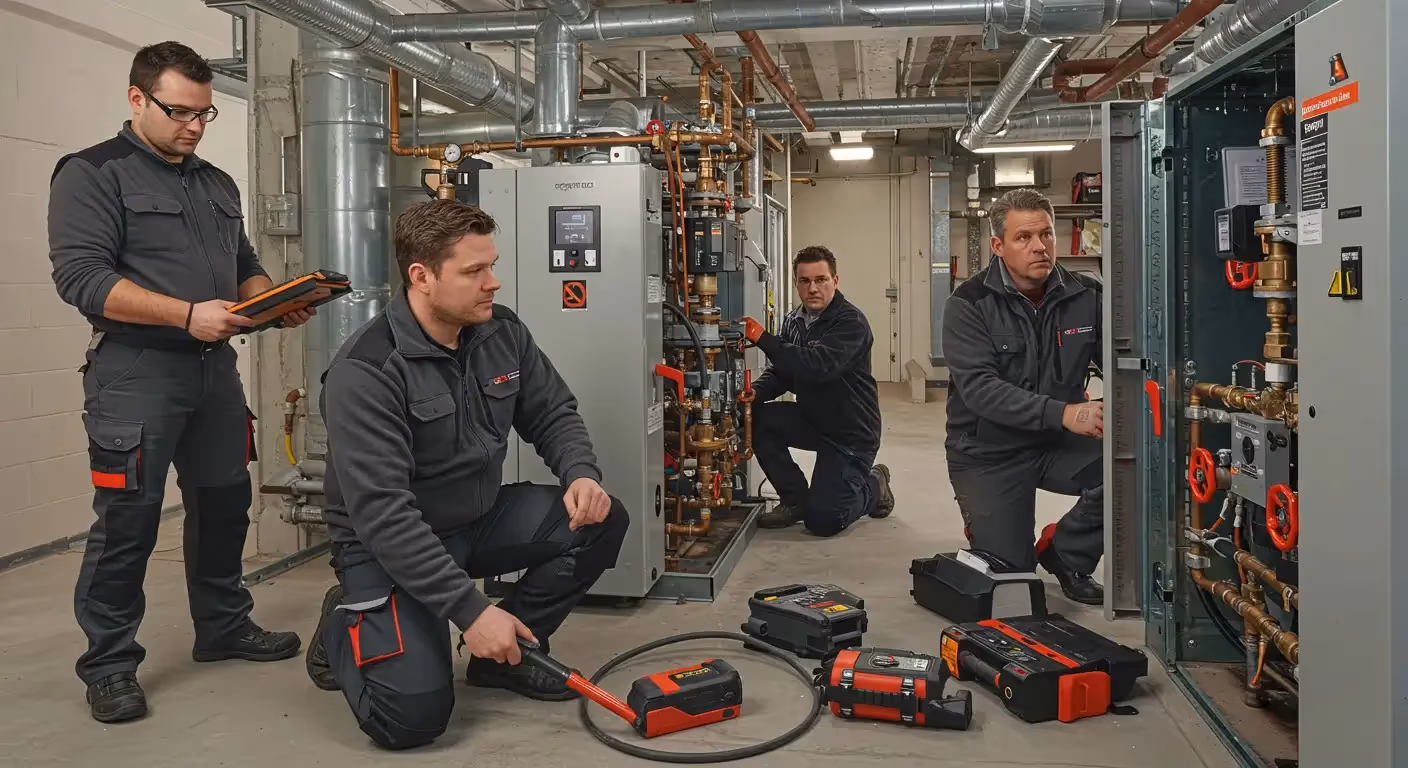 Four technicians working in a heating unit.