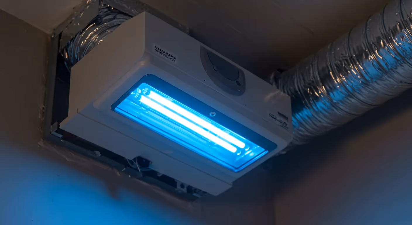 A white air purification unit with two glowing blue lights is installed on a ceiling next to a silver vent pipe, casting blue light below.