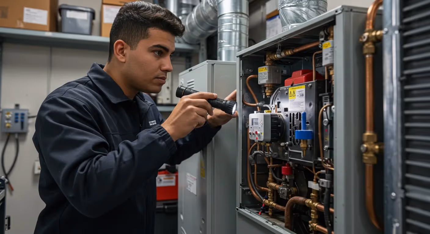 A technician inspecting a heating unit.