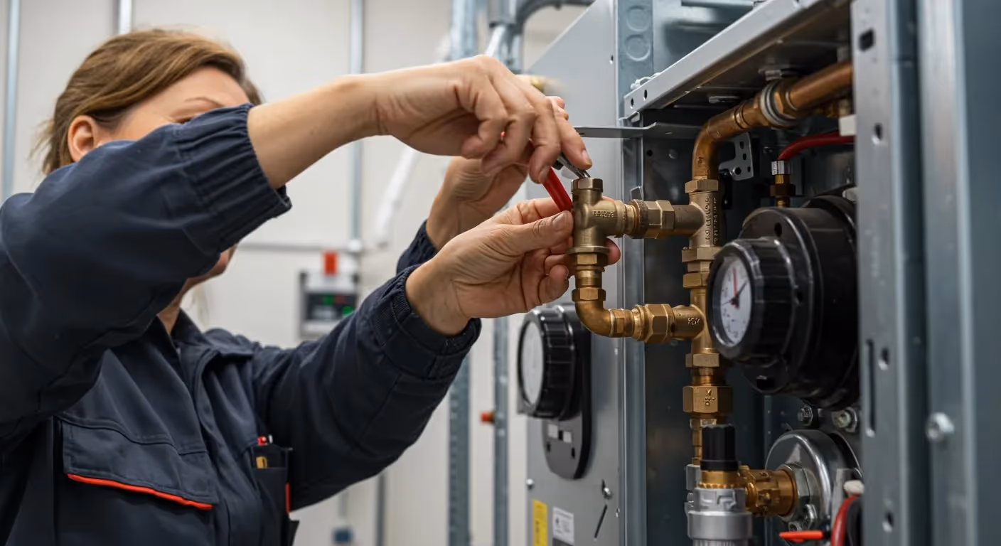 A woman repairs an industrial heating unit.