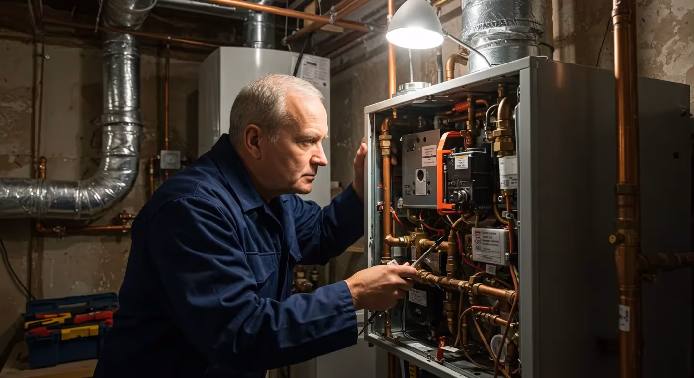A technician repairing an indoor heating.
