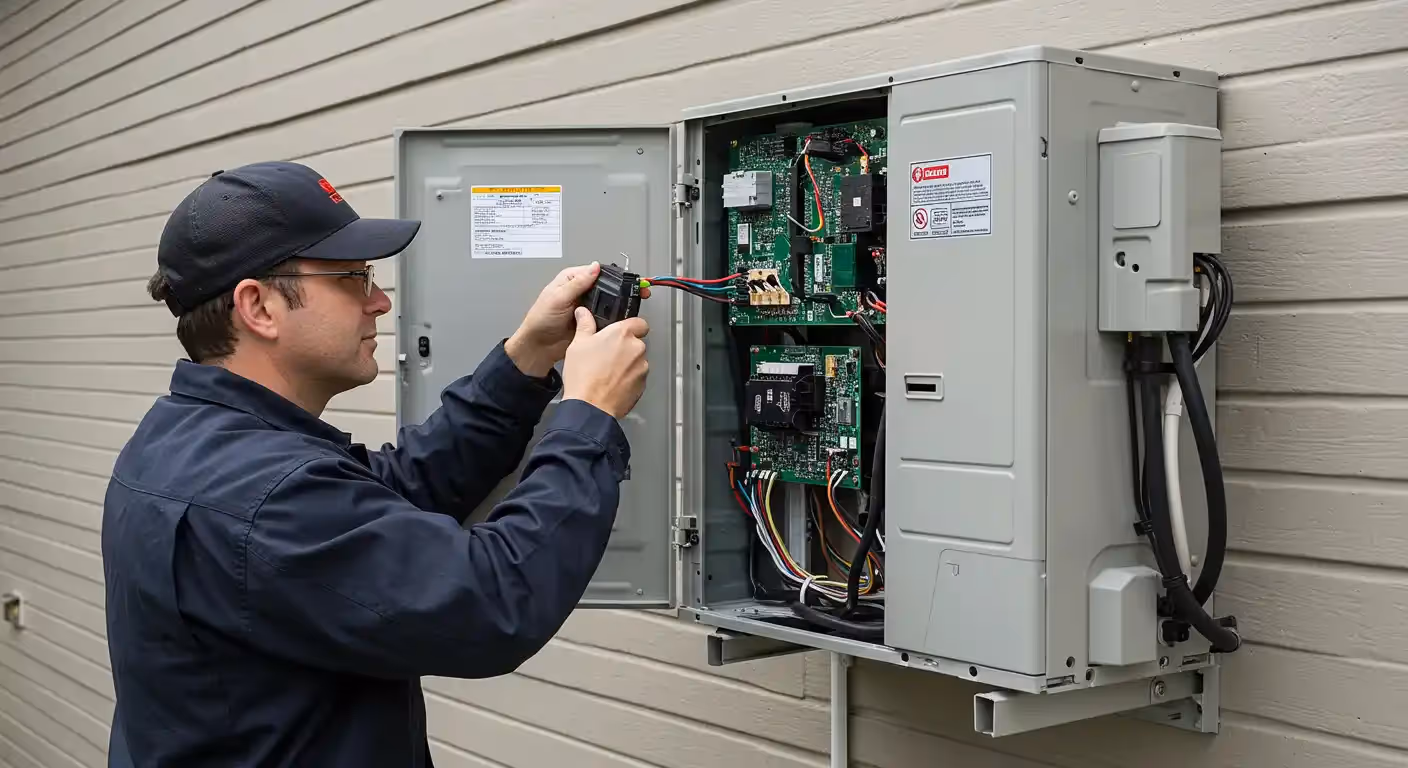 An HVAC technician working on the open electrical panel of a mini-split outdoor unit.