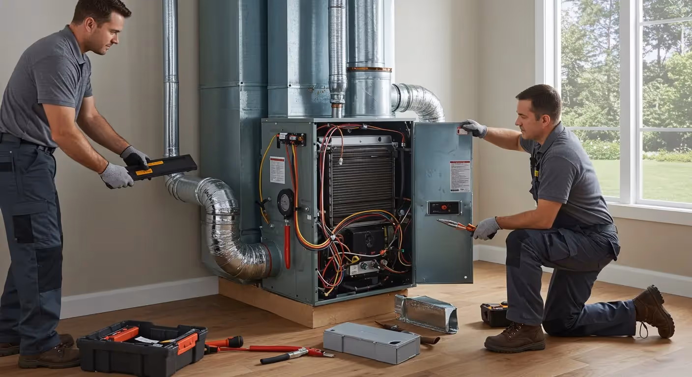 Two technicians replacing an indoor furnace.