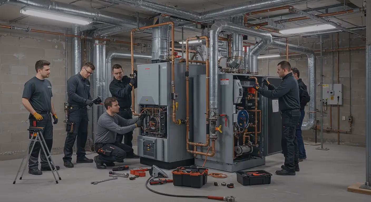 Technicians working in a heating room.