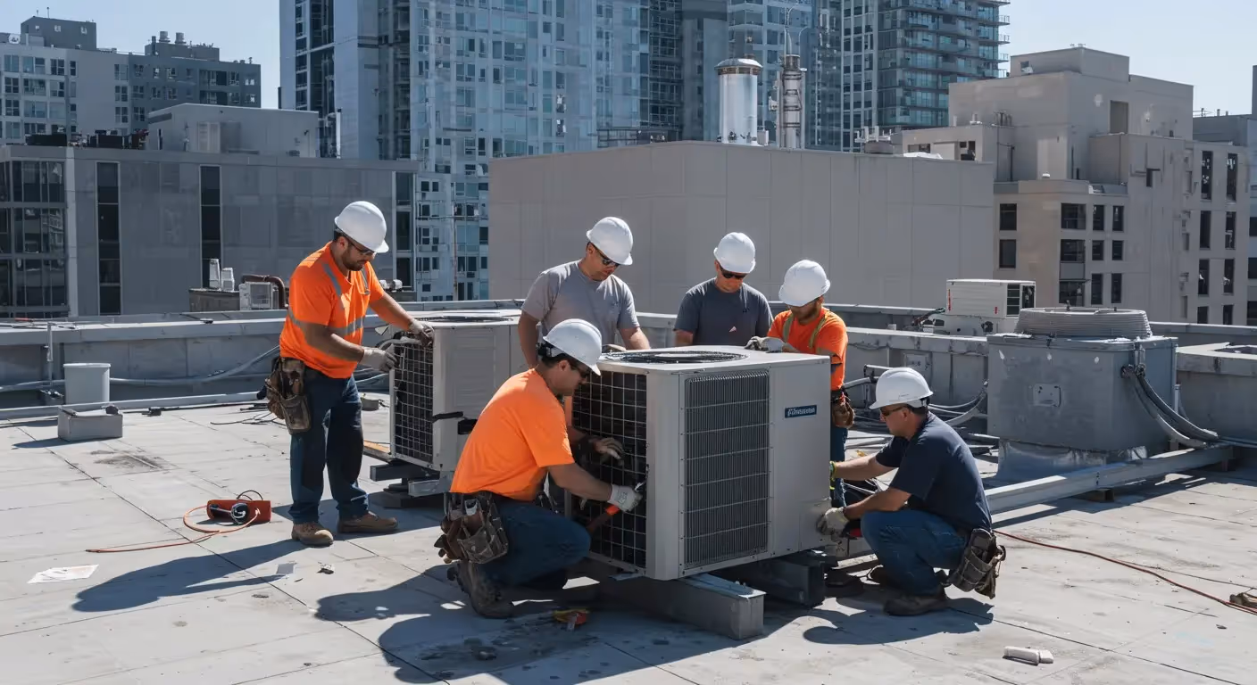 Five workers installing a rooftop HVAC unit.