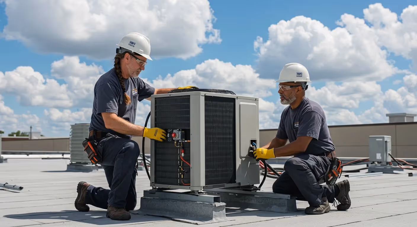Two technicians maintaining a rooftop HVAC unit.