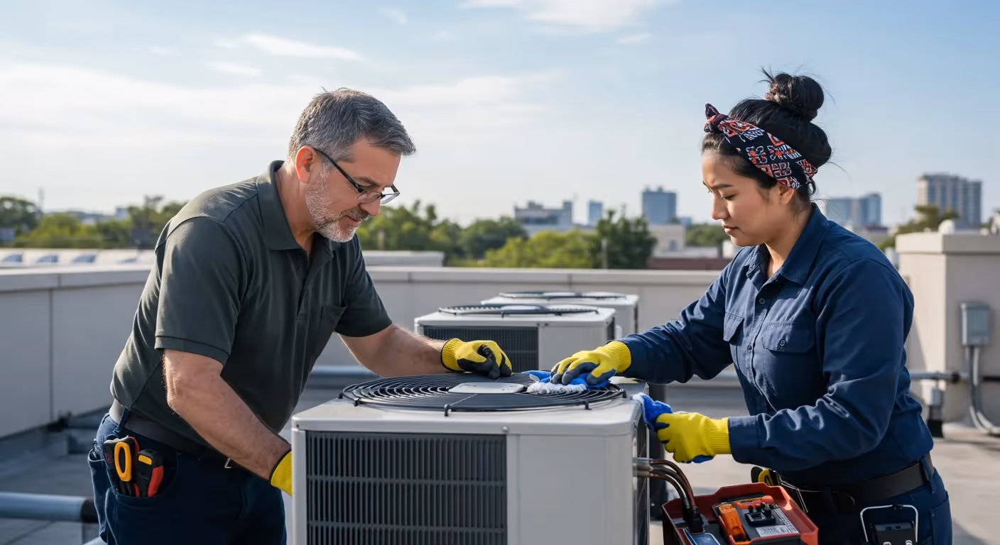 Two technicians maintaining an HVAC unit.