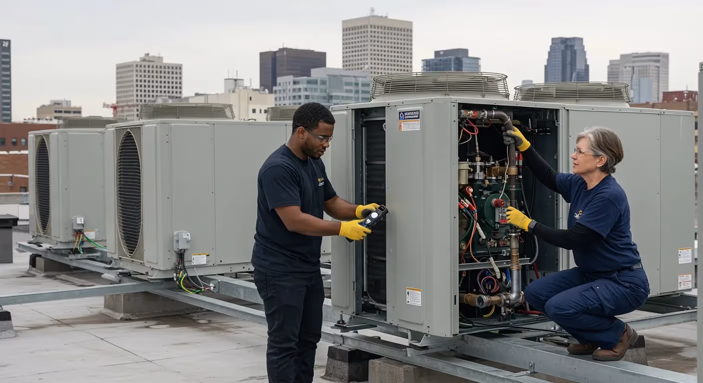 Two technicians repairing rooftop HVAC units.