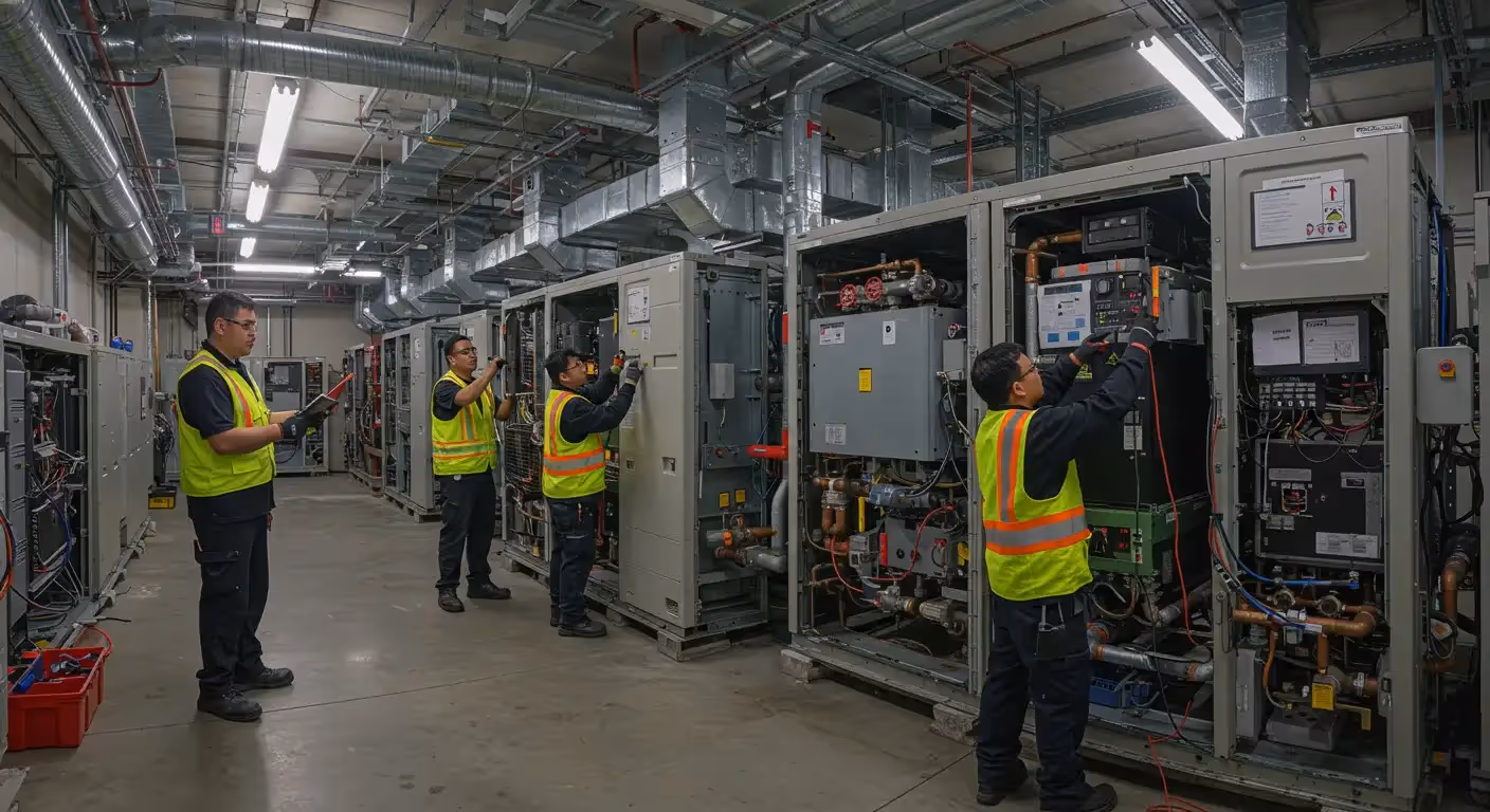 Four technicians repairing large HVAC units.