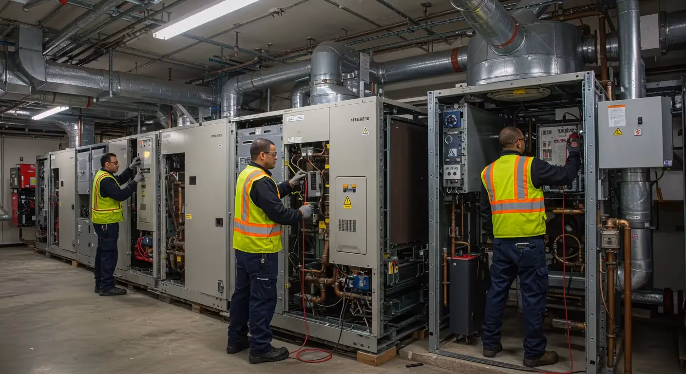 Three technicians repairing large HVAC units.