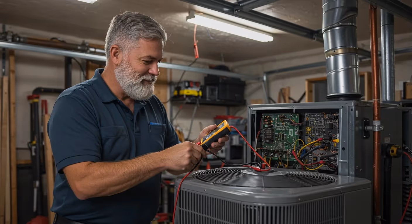 A technician diagnosing a home HVAC unit.