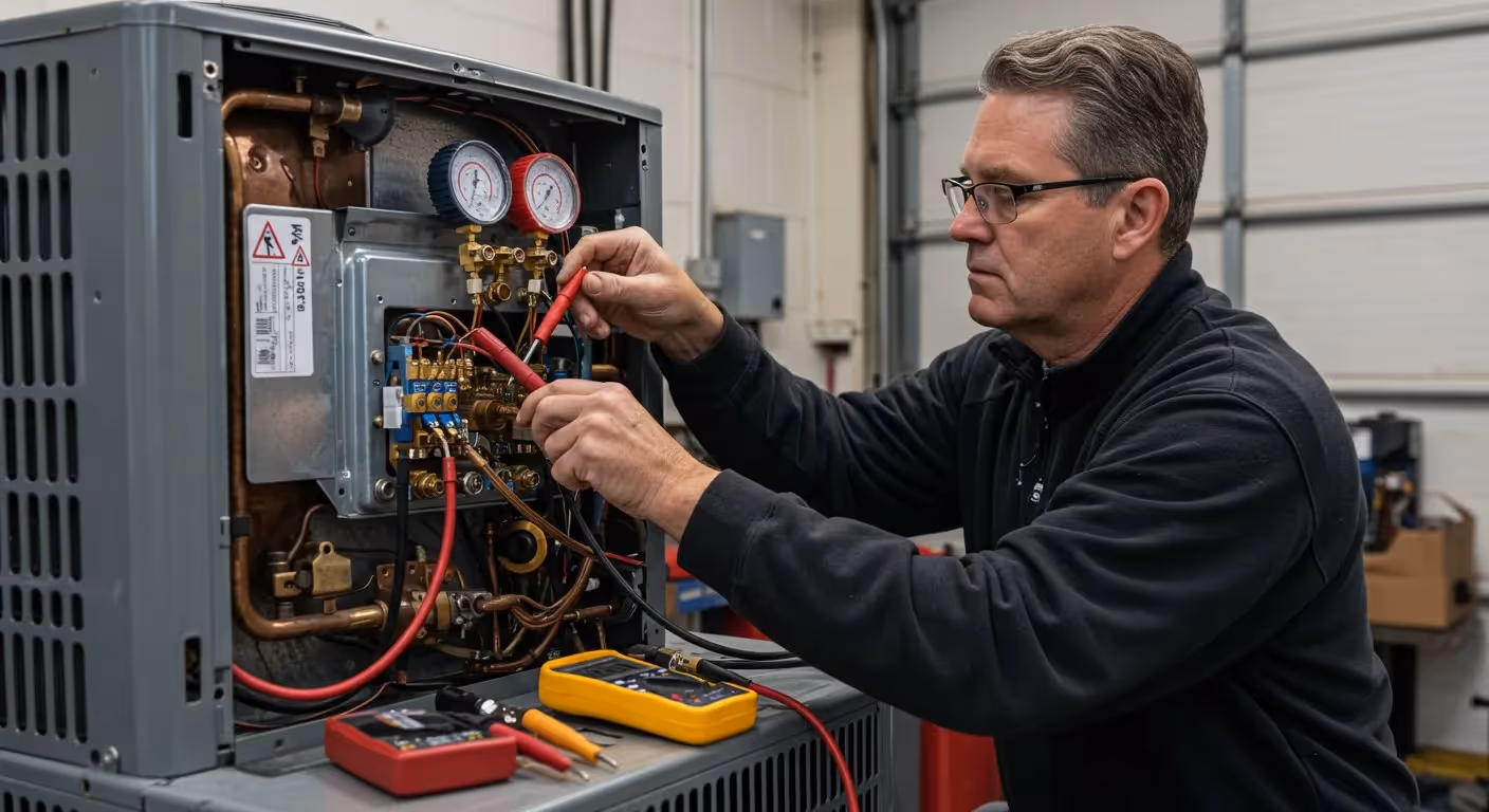 A technician tuning  an HVAC unit.