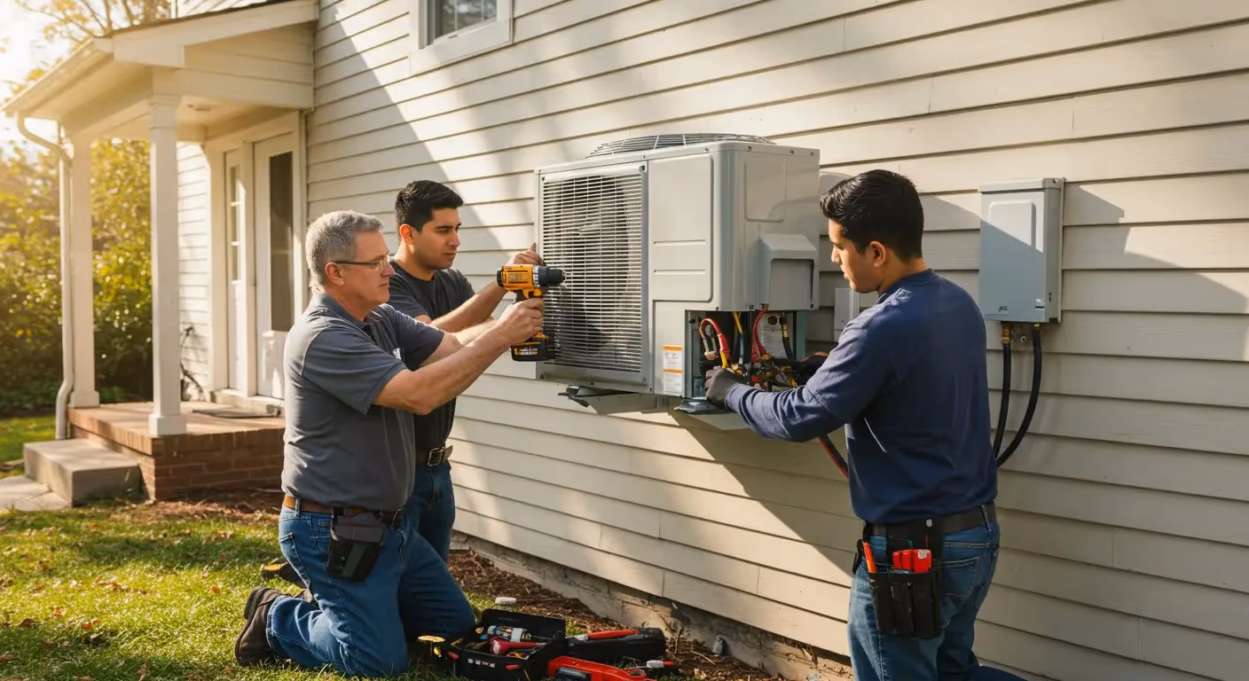 Three repairmen working together to install an AC unit.