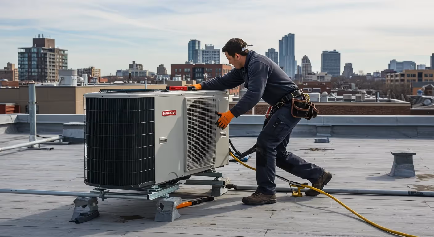 A repairman servicing a rooftop AC unit in the city.