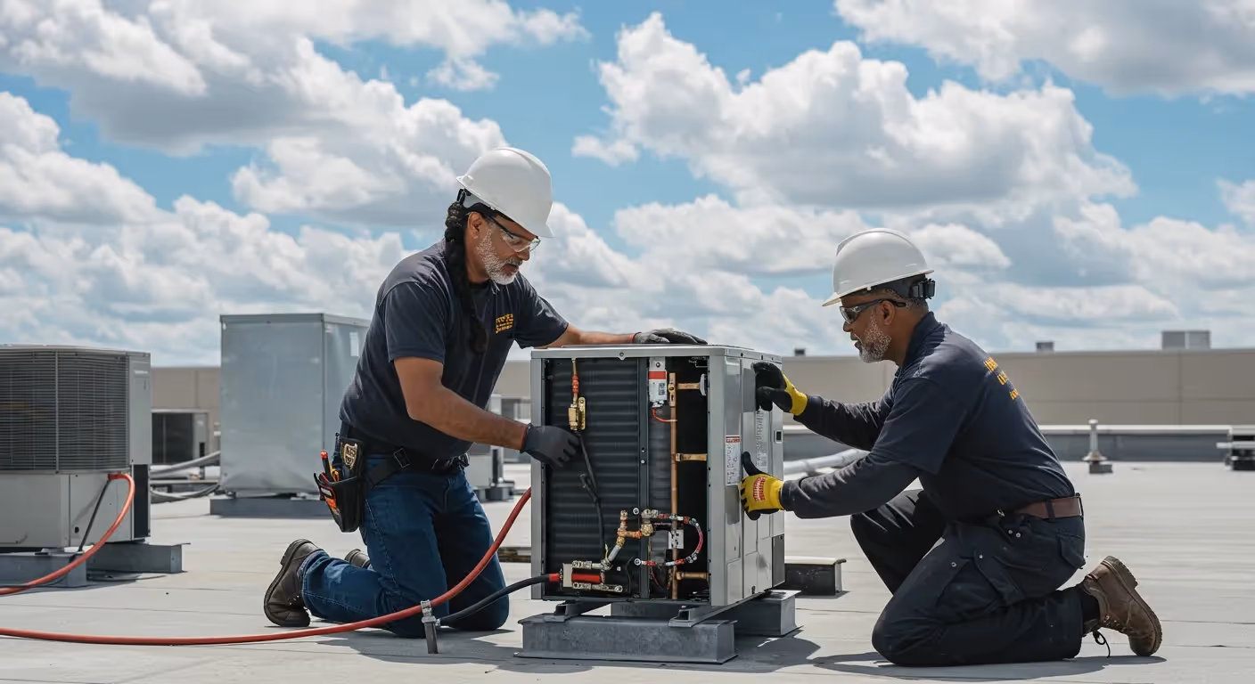 Two technicians servicing a rooftop AC unit on a cloudy day.