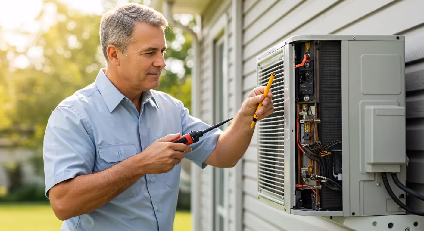A technician servicing a residential outdoor AC unit.