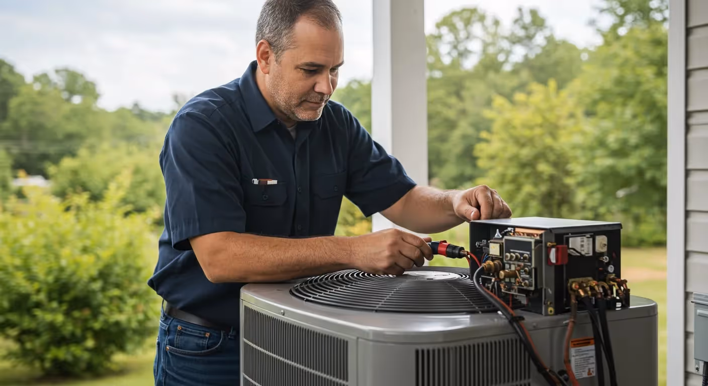 A worker servicing an outdoor residential AC unit.