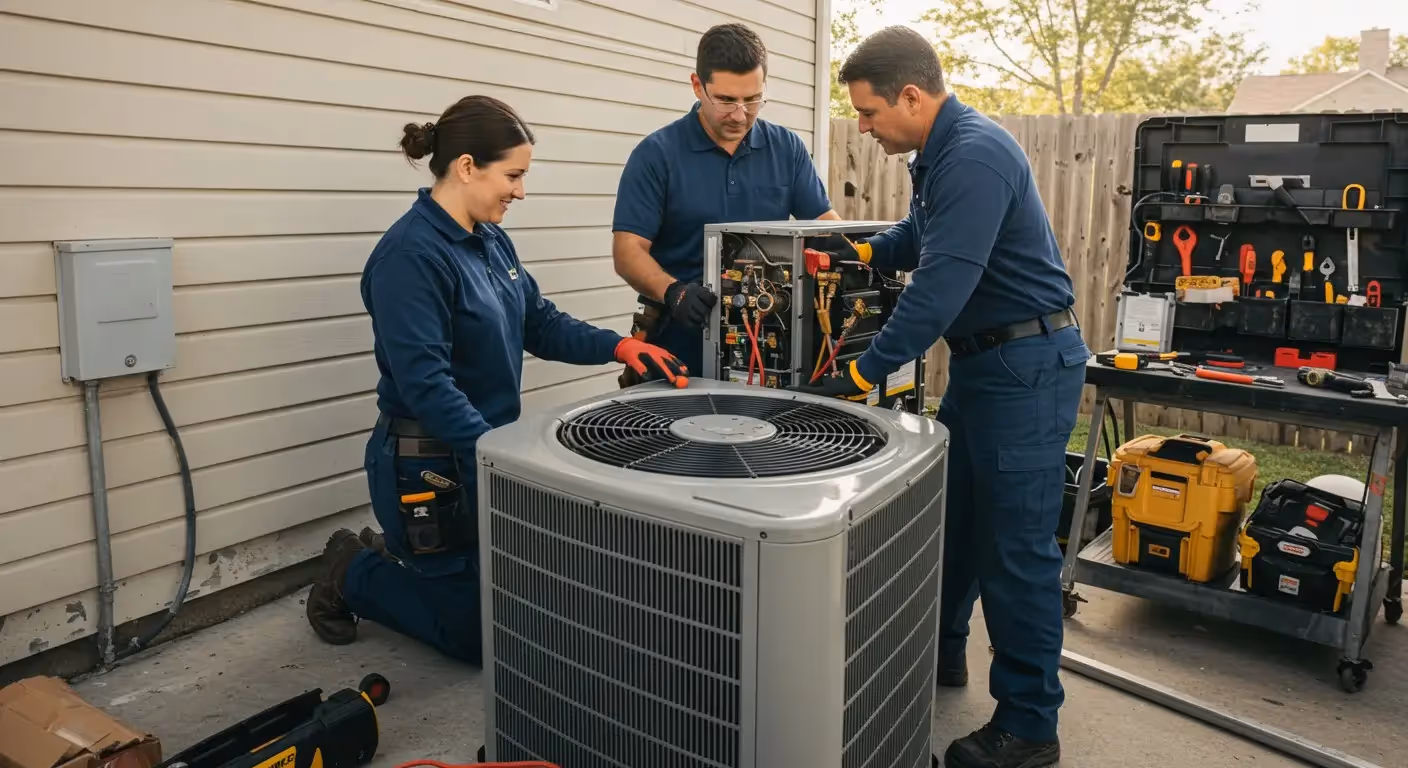 Three people replacing a residential outdoor AC unit.