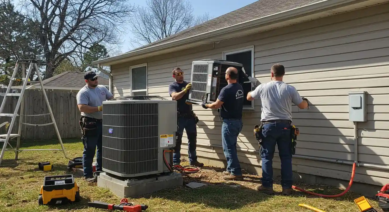Four repairmen working together to replace a new AC unit.