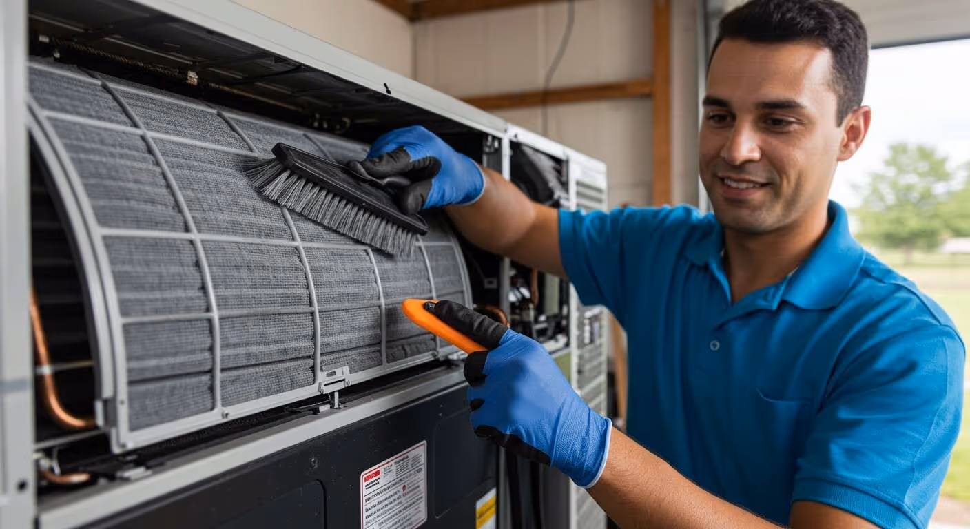A repairman cleaning the air filter of an indoor AC unit.