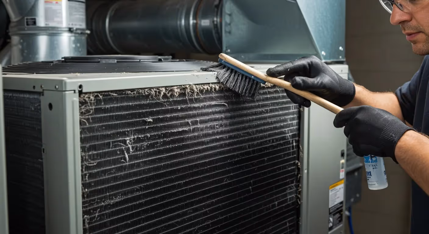 A technician cleaning the coils of an AC unit.