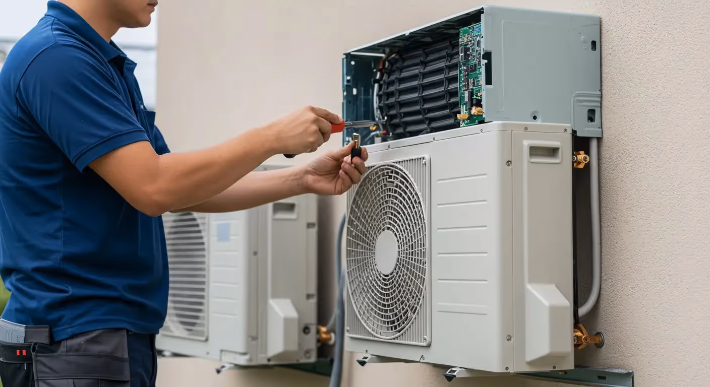 A repairman installing on an air conditioner.