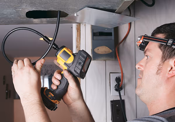 A person inspecting an air duct.