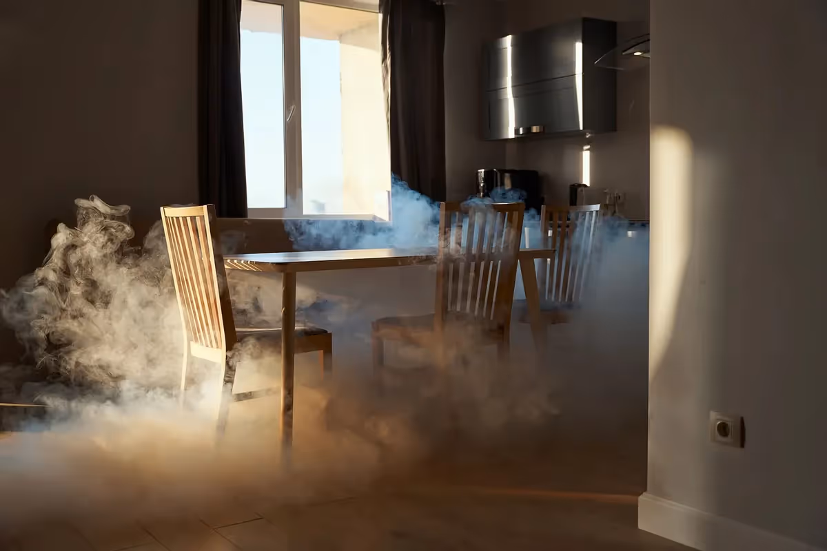 A kitchen filled with dense smoke.