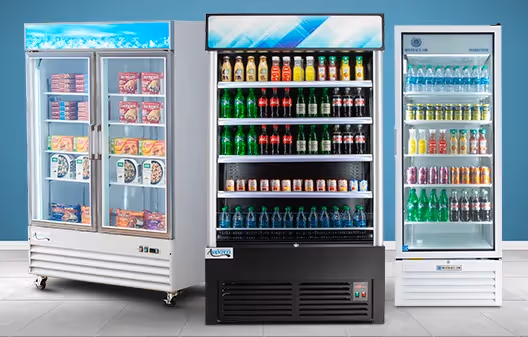 Three glass-door beverage and food merchandisers.