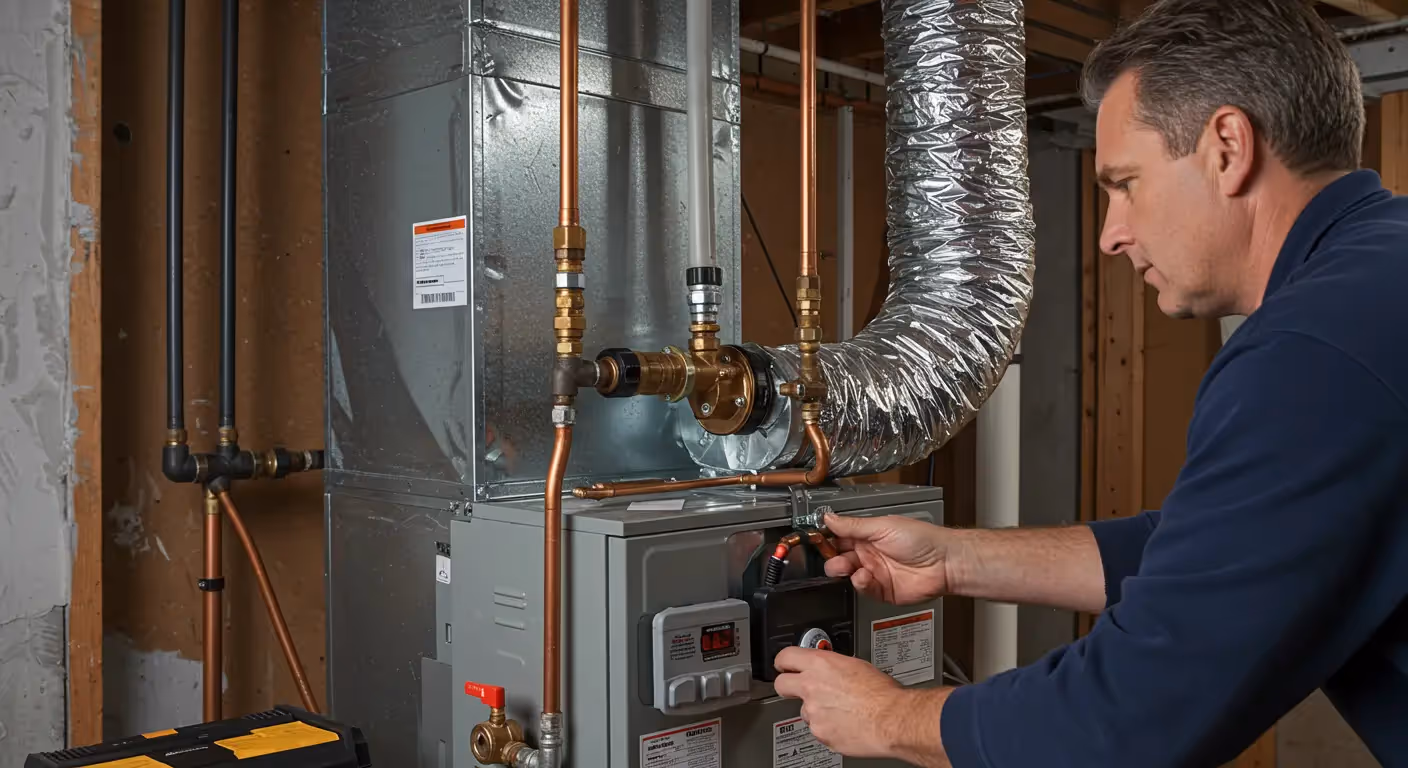 A side view of a male HVAC technician working on a new furnace in a basement. The technician is wearing a dark blue long-sleeved shirt and is focused on adjusting a valve or control panel on the unit with both hands. The new furnace is connected to a network of copper pipes and a large metallic duct with a flexible section. The background shows exposed wooden wall studs and more piping.