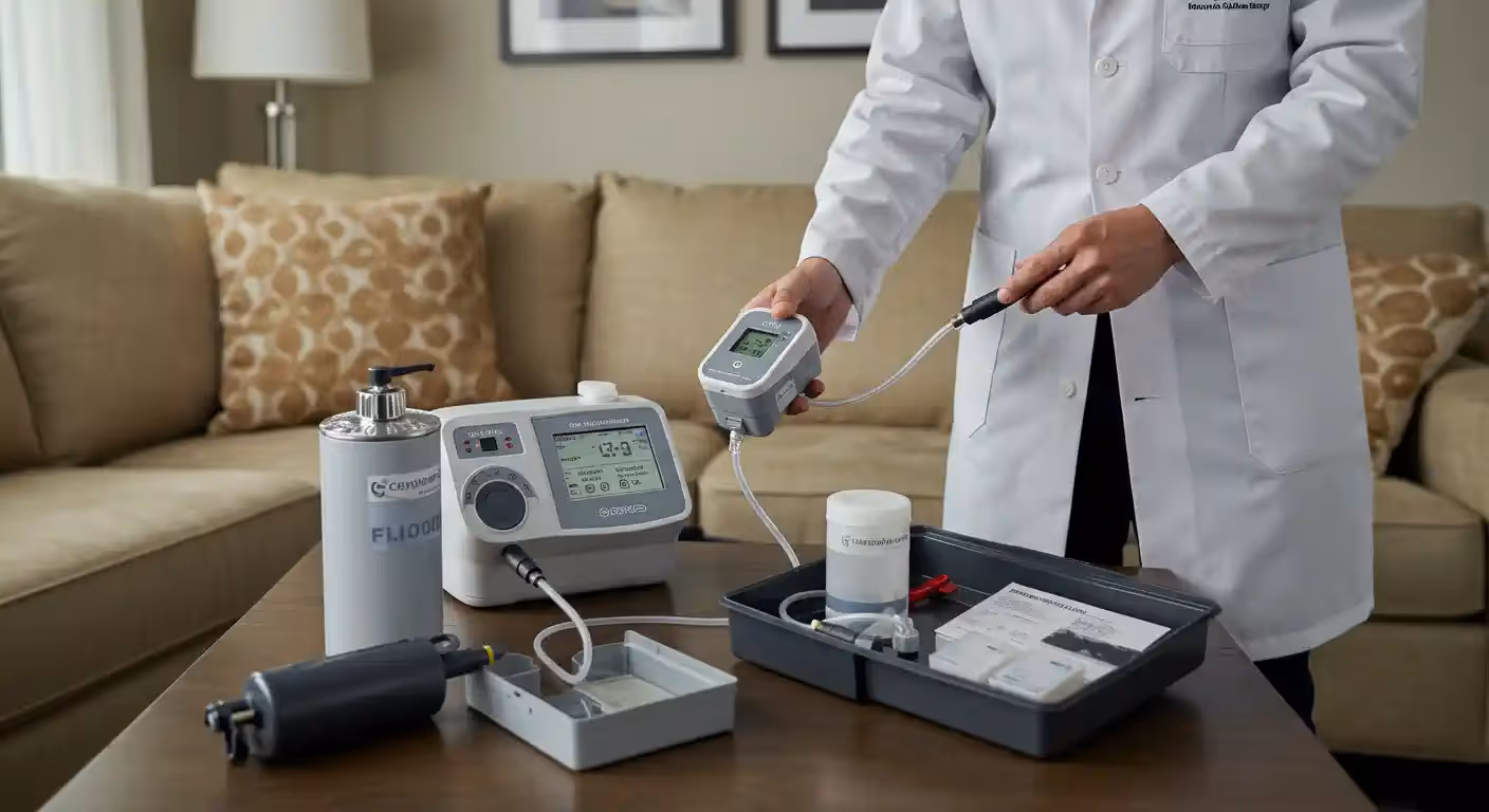 A person in a white lab coat is standing over a coffee table, holding a small digital device connected by a hose to a larger air-testing machine. On the table, various pieces of equipment are laid out, including a large cylindrical bottle labeled "FL100," a gray machine with a screen, and a black tray holding smaller tools and an instruction manual. The background shows a living room with a brown sofa and decorative pillows. The person's face is not visible, but a name tag is partially seen on the lab coat.
