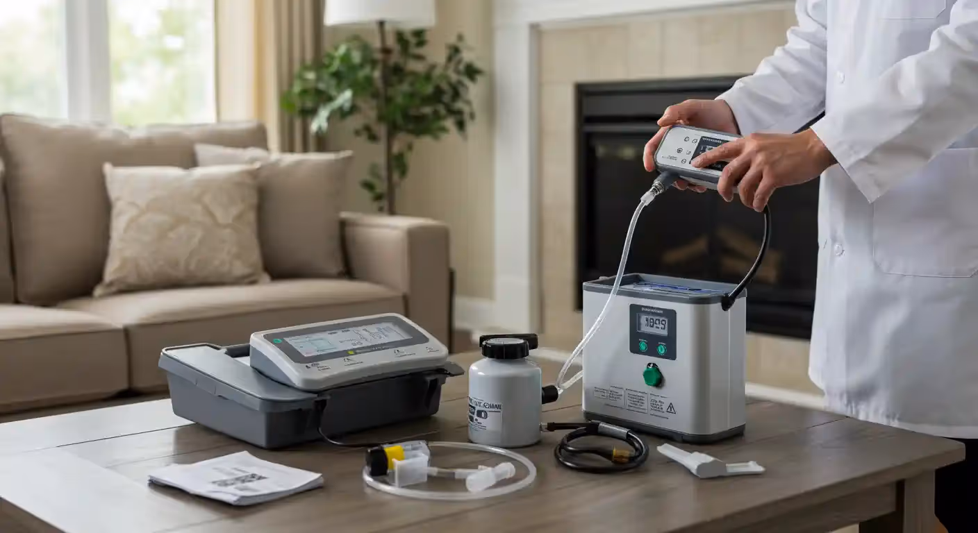 A technician in a white lab coat is shown in a living room, standing over a coffee table with various tools for indoor air quality testing. They are holding two devices, a cylindrical one in their left hand and a smaller one in their right. A large gray machine with a digital screen and various buttons is on the table, along with a gray plastic tray, hoses, and other components. In the background, there is a sofa with pillows and a window. The digital display on the machine shows the number "1.00."