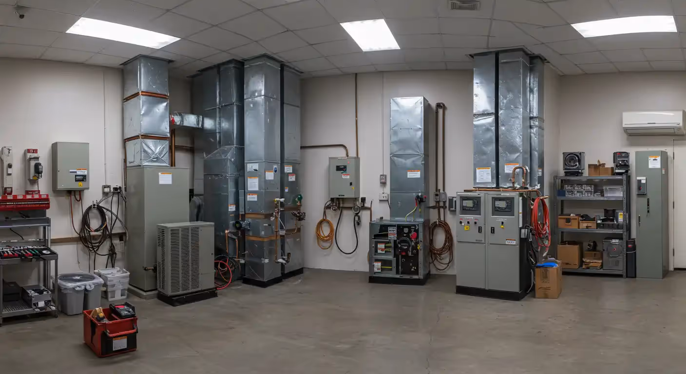 A panoramic shot of a clean, well-lit workshop or training facility for HVAC equipment. The room has a concrete floor and a white ceiling with fluorescent lights. Various large HVAC units, furnaces, and air handlers are arranged against the walls, connected to extensive networks of metal ducts and copper pipes. Multiple control panels and electrical boxes are mounted on the walls, and a variety of tools, including a red toolkit on wheels, are on the floor. A mini-split unit is visible high on the right wall.
