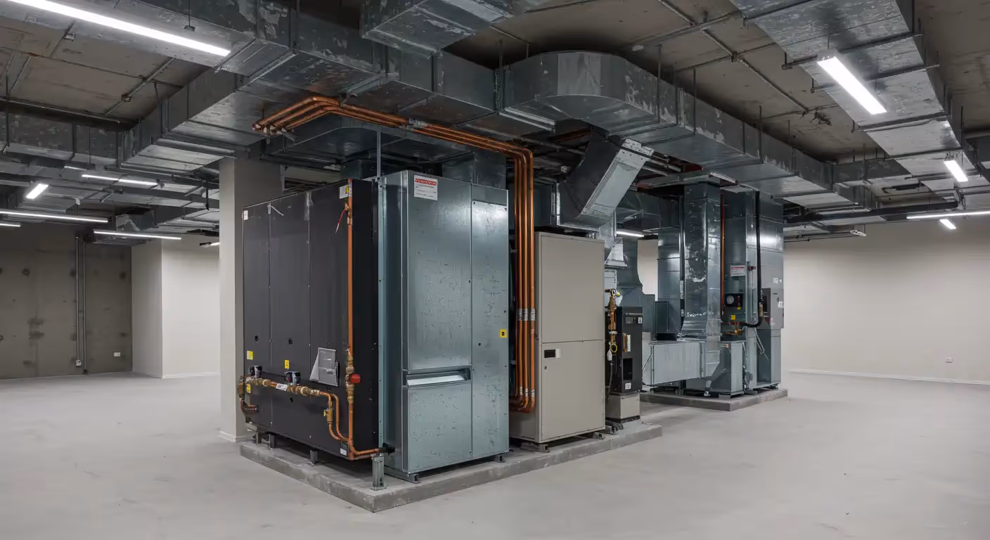 A view of a newly installed commercial HVAC system in a large, open room with a concrete floor and a high ceiling. Two large gray units are prominently displayed, connected by a network of shiny metal air ducts and orange copper pipes. The ducts are suspended from the ceiling and run horizontally and vertically. The room appears to be a mechanical space in a new or renovated building, with bare concrete walls and fluorescent lighting.