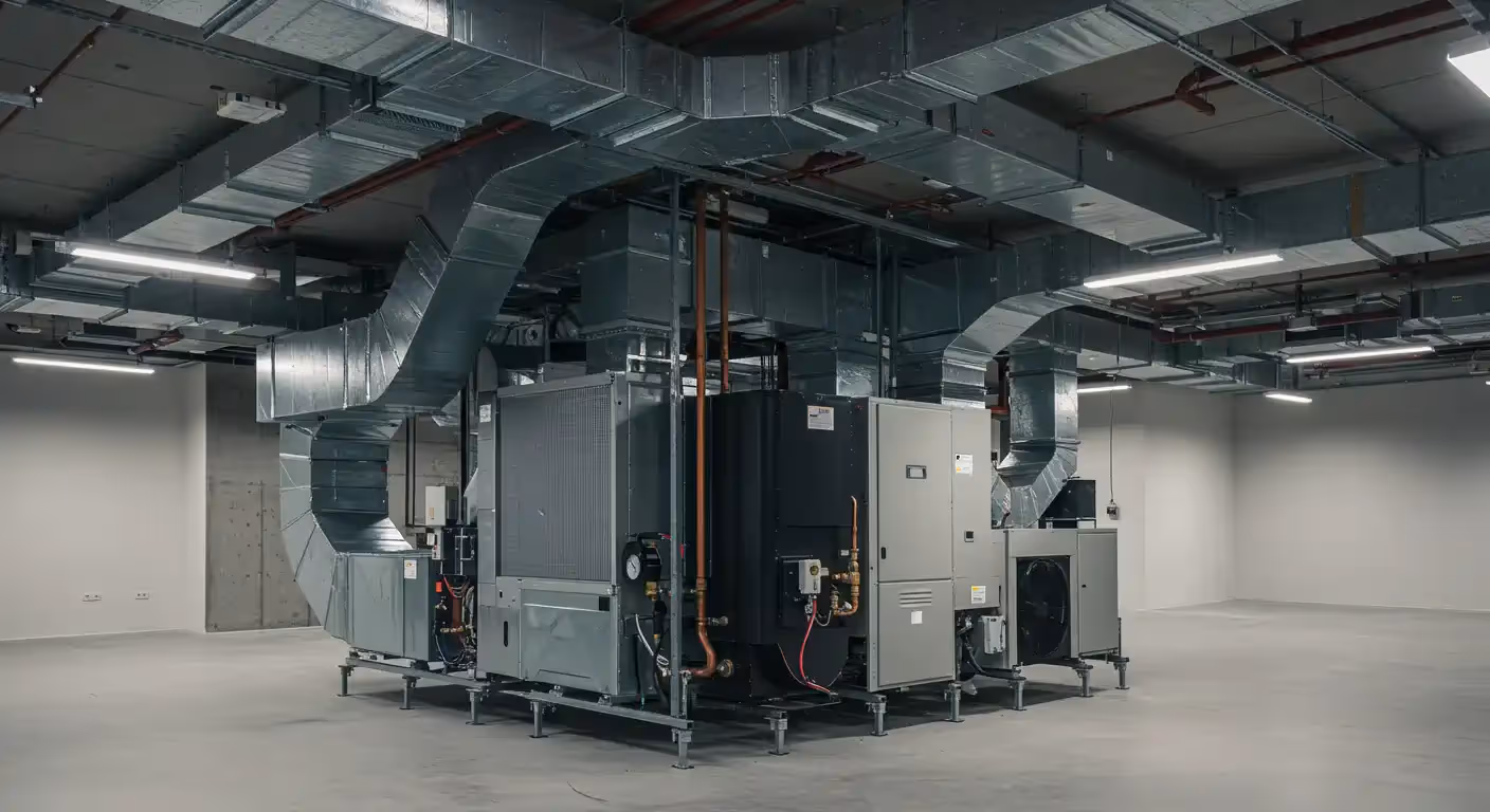 A low-angle, wide-angle shot of a large, complex HVAC system in a spacious, empty room. The system is made up of several large gray and black units that sit on a raised metal platform. They are connected by a dense network of shiny, square metal air ducts and orange copper pipes that run along the high concrete ceiling. The room is brightly lit by fluorescent lights and has a clean concrete floor. This appears to be a mechanical room in a new or renovated commercial building.