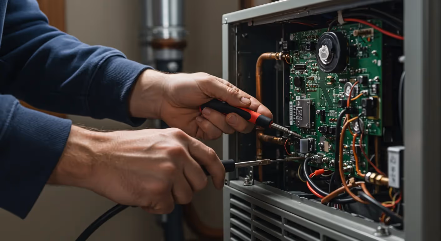 A close-up shot of a technician's hands, in a dark blue sweater, using a soldering iron and a screwdriver to work on a green circuit board inside a gray HVAC unit. The circuit board is filled with various electronic components and wires. The background is a utility room, with pipes and ducts visible.