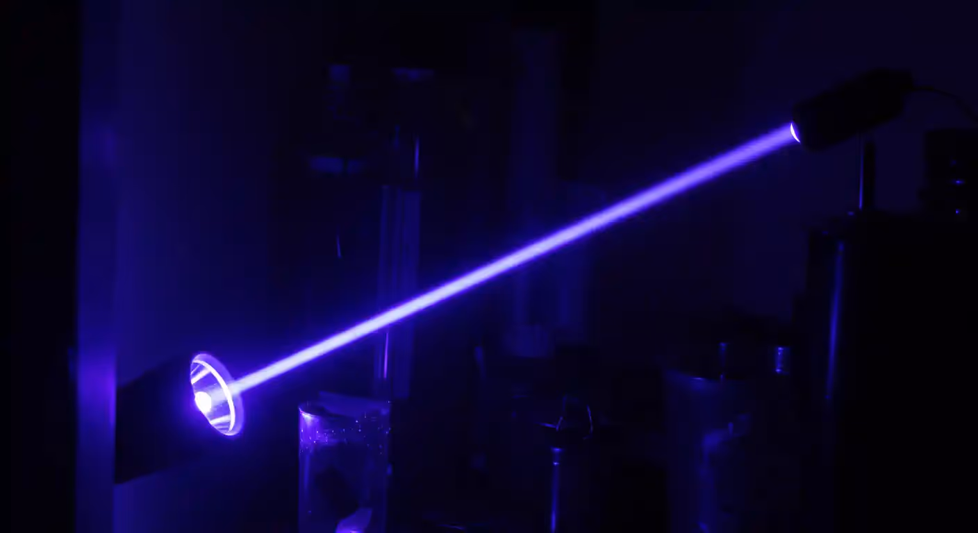 A horizontal shot of a bright, purple-blue beam of light being emitted from a light source on the right. The beam travels at a downward angle to the left, where it illuminates a small metal container. The surrounding area is very dark, highlighting the intense light beam.