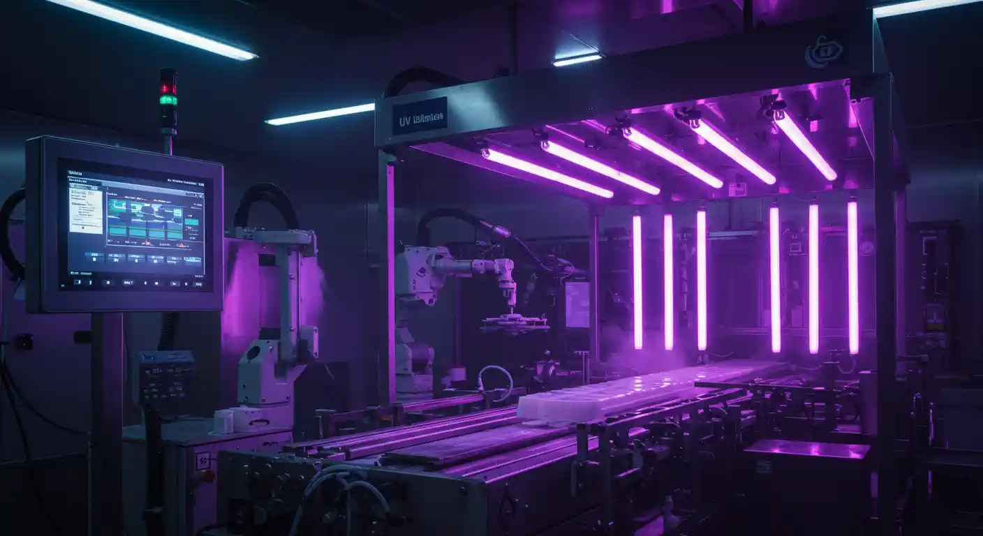 A low-angle, horizontal shot of an industrial machine bathed in a bright, purple UV light. The machine has a conveyor belt with a white object on it and a robotic arm on the left side. A monitor on the far left displays a graph and other data. The UV light is emitted from several fluorescent-style lights arranged horizontally and vertically. The overall scene is dark and has a futuristic, industrial feel.