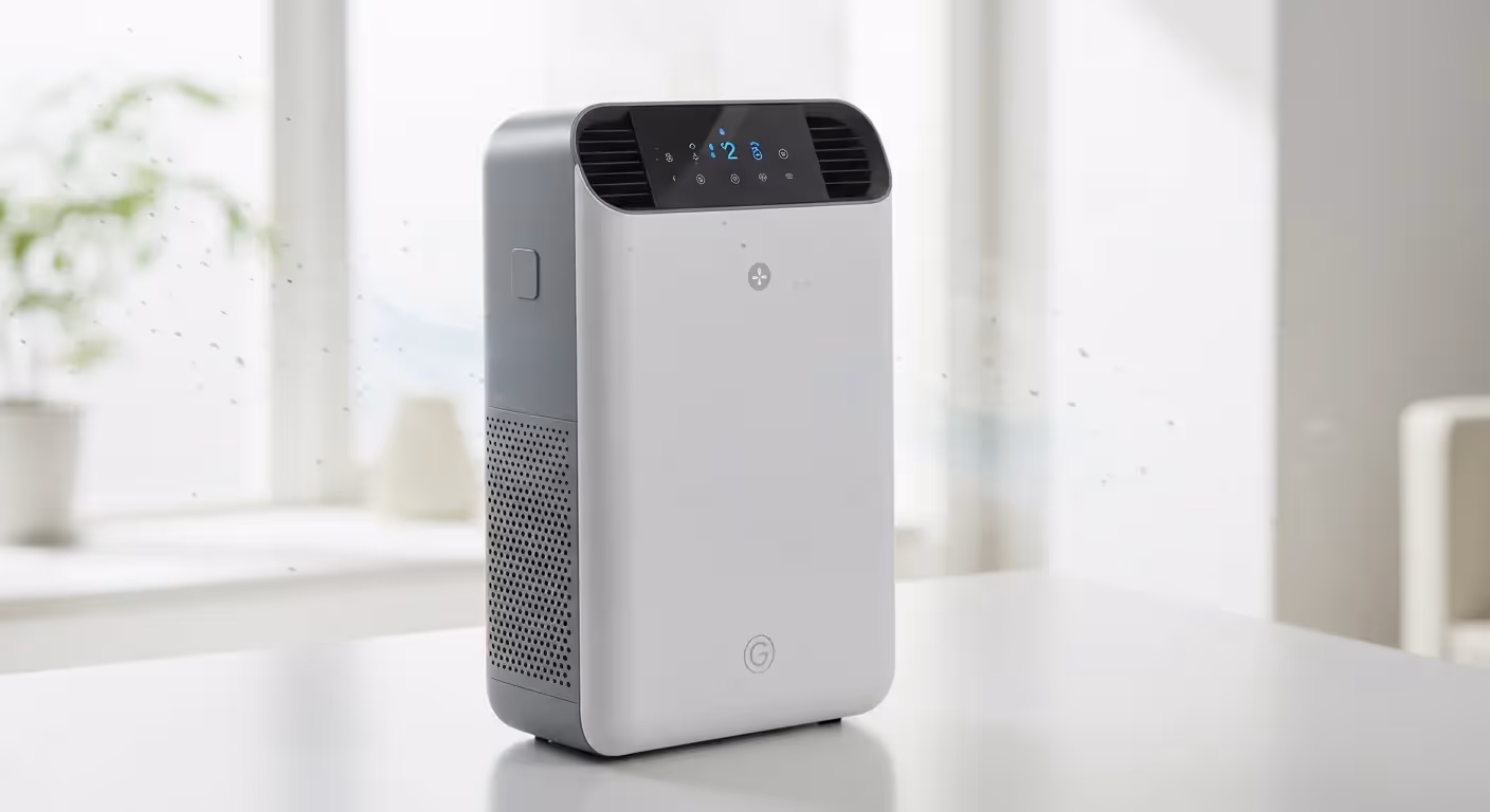 An air purifier with a digital display sits on a wood floor next to a green houseplant.