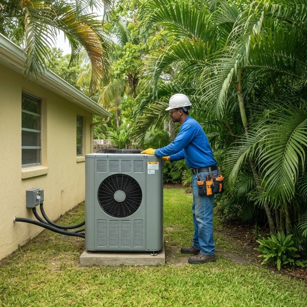 Llarena technician servicing a residential heat pump in Hialeah, FL