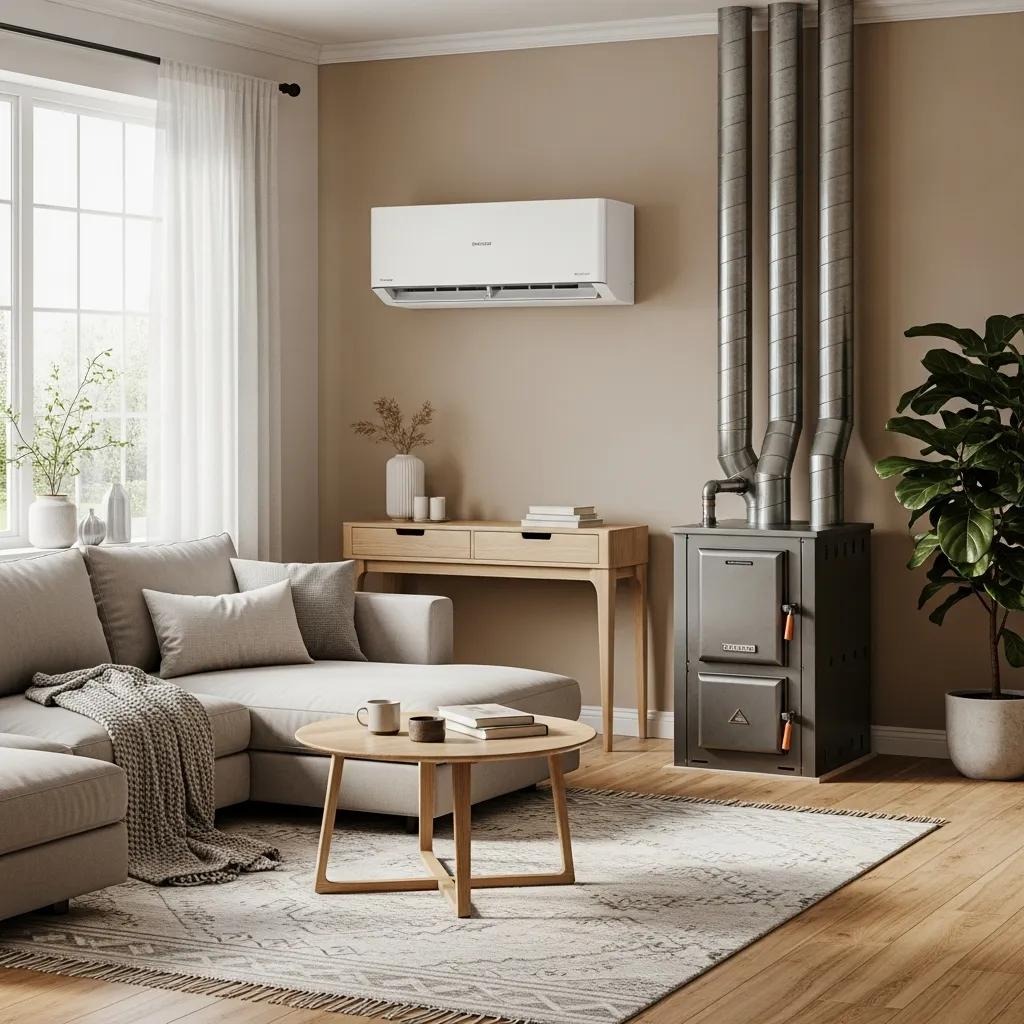Heat pump and furnace in a comfortable living room — energy-efficient heating options for Hialeah homes