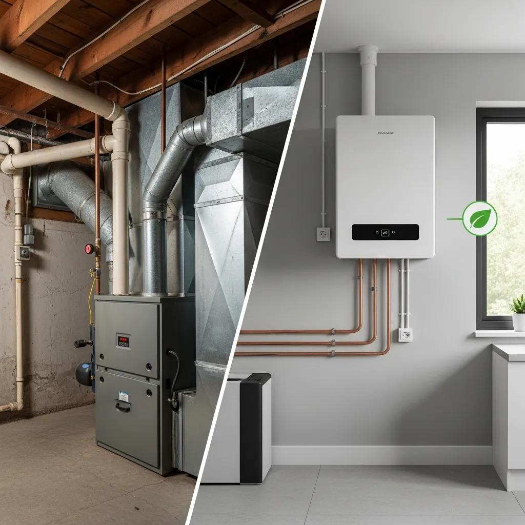 Side-by-side view of furnace and heat pump installations, showing traditional and modern HVAC setups