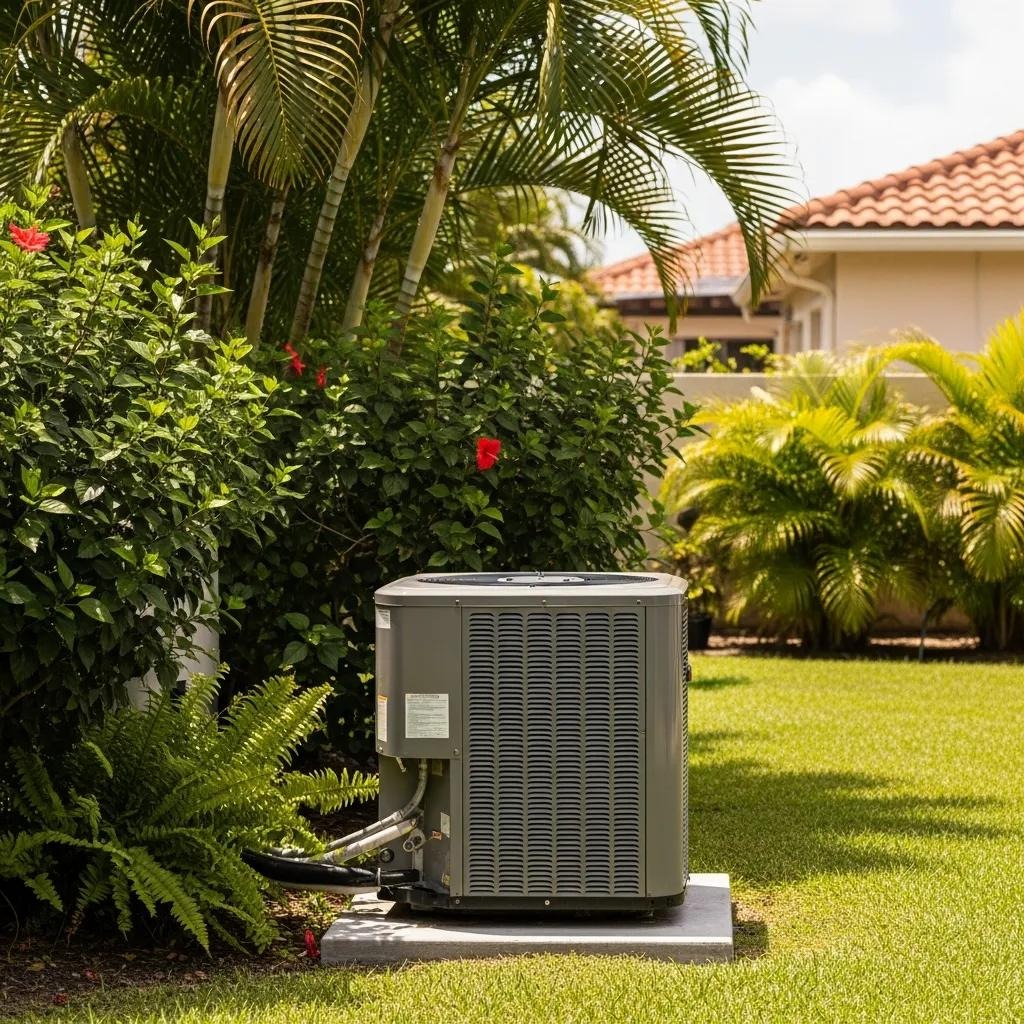 Air conditioning unit in a sunny backyard, symbolizing efficient AC maintenance