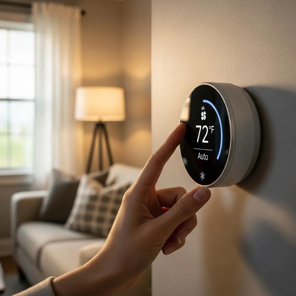 Smart thermostat in a modern living room, representing tips for optimizing AC performance