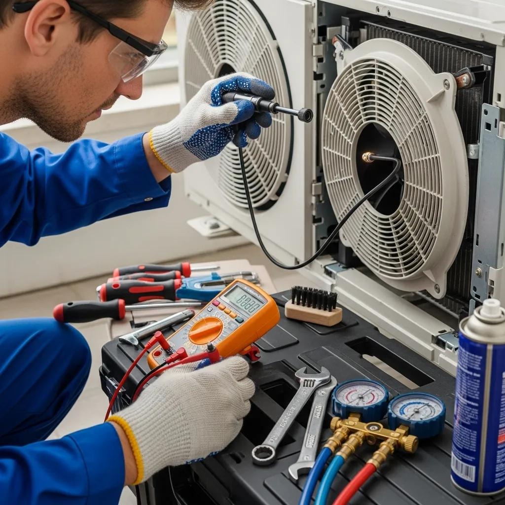 Technician inspecting an air conditioning unit, highlighting best practices for maintenance