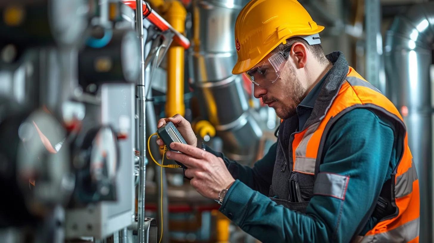 Technician using advanced ultrasonic and electronic leak detection technology in HVAC system